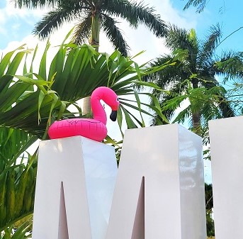 Image of Mia, the flamingo (inflatable) sitting on a letter sculpture
